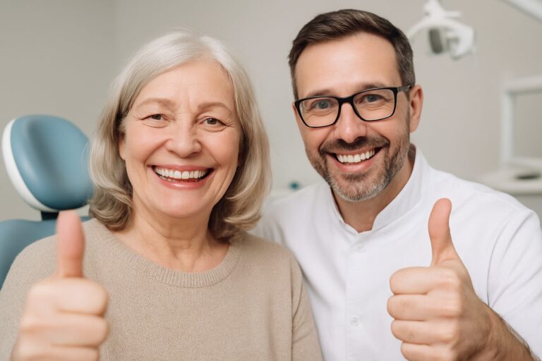 Image of a smiling, older female patient with a full set of upper dental implants, showcasing a natural-looking smile. The dentist is beside her, with both giving a thumbs up. No text on image.