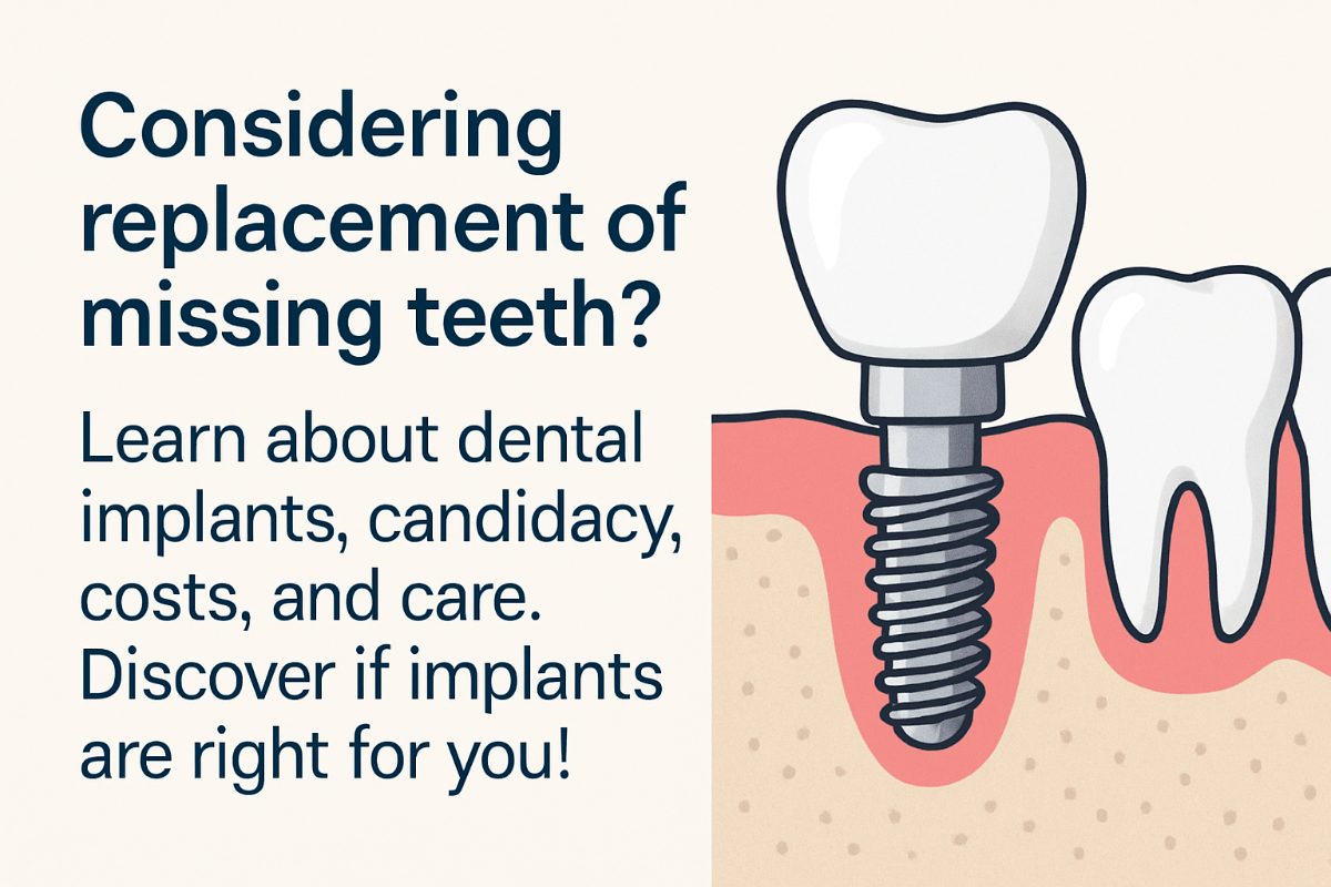 Image of a dentist smiling, pointing to a complete set of jaw implants in a patient's mouth with a missing tooth. No text on the image.