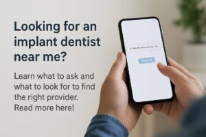 A friendly dentist is pointing to a 3D x-ray of a patient's mouth, highlighting where dental implants could be placed. The office is modern and clean, with a focus on technology. Text on the image reads "Find the Right 'Dentist Near Me Implants'"