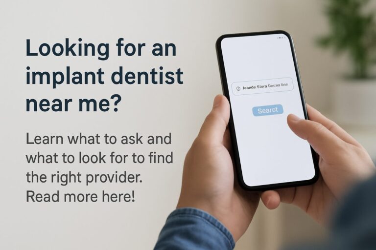A friendly dentist is pointing to a 3D x-ray of a patient's mouth, highlighting where dental implants could be placed. The office is modern and clean, with a focus on technology. Text on the image reads "Find the Right 'Dentist Near Me Implants'"