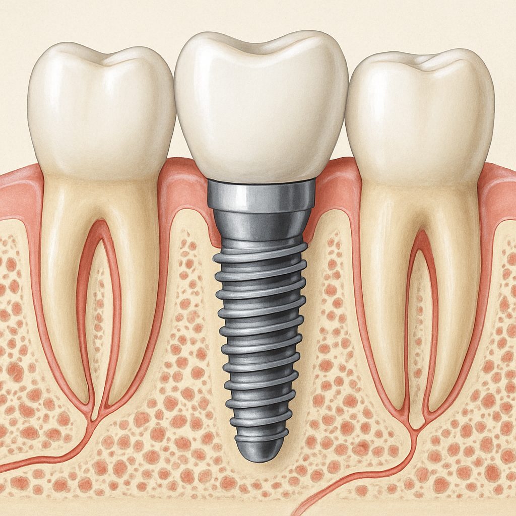 A step-by-step infographic illustrating the "steps in tooth implant" procedure, from initial consultation and 3D imaging, to implant placement, healing, abutment, and final crown restoration. No text on the image.