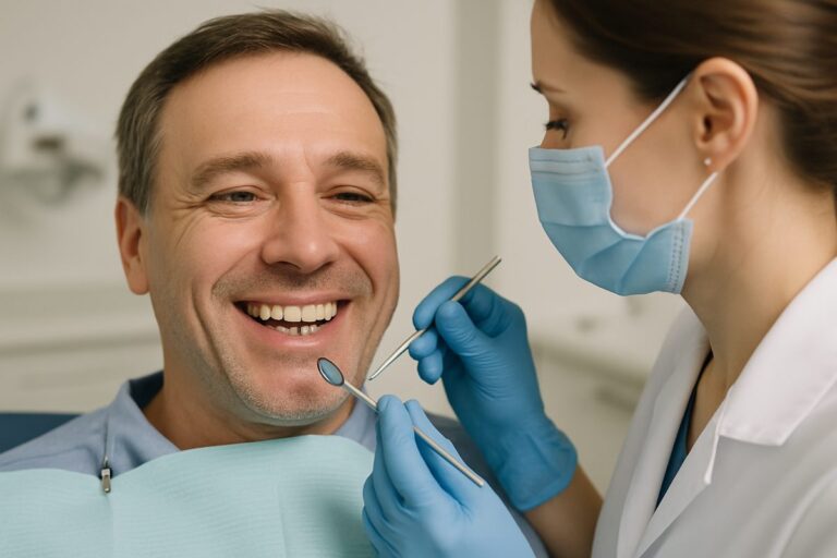 Image of a patient smiling after receiving a dental implant post. The dentist is checking the implant. No text on image.