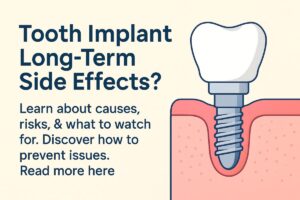 An x-ray of a jaw with a dental implant experiencing bone loss around the implant site, with an arrow pointing to the area of concern. Text on the image says "Long Term Implant Failure".