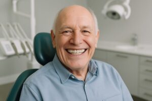 Photo of smiling elderly patient, happy with their full mouth of implant dentures. The patient is sitting in a modern dental office. No text on image.