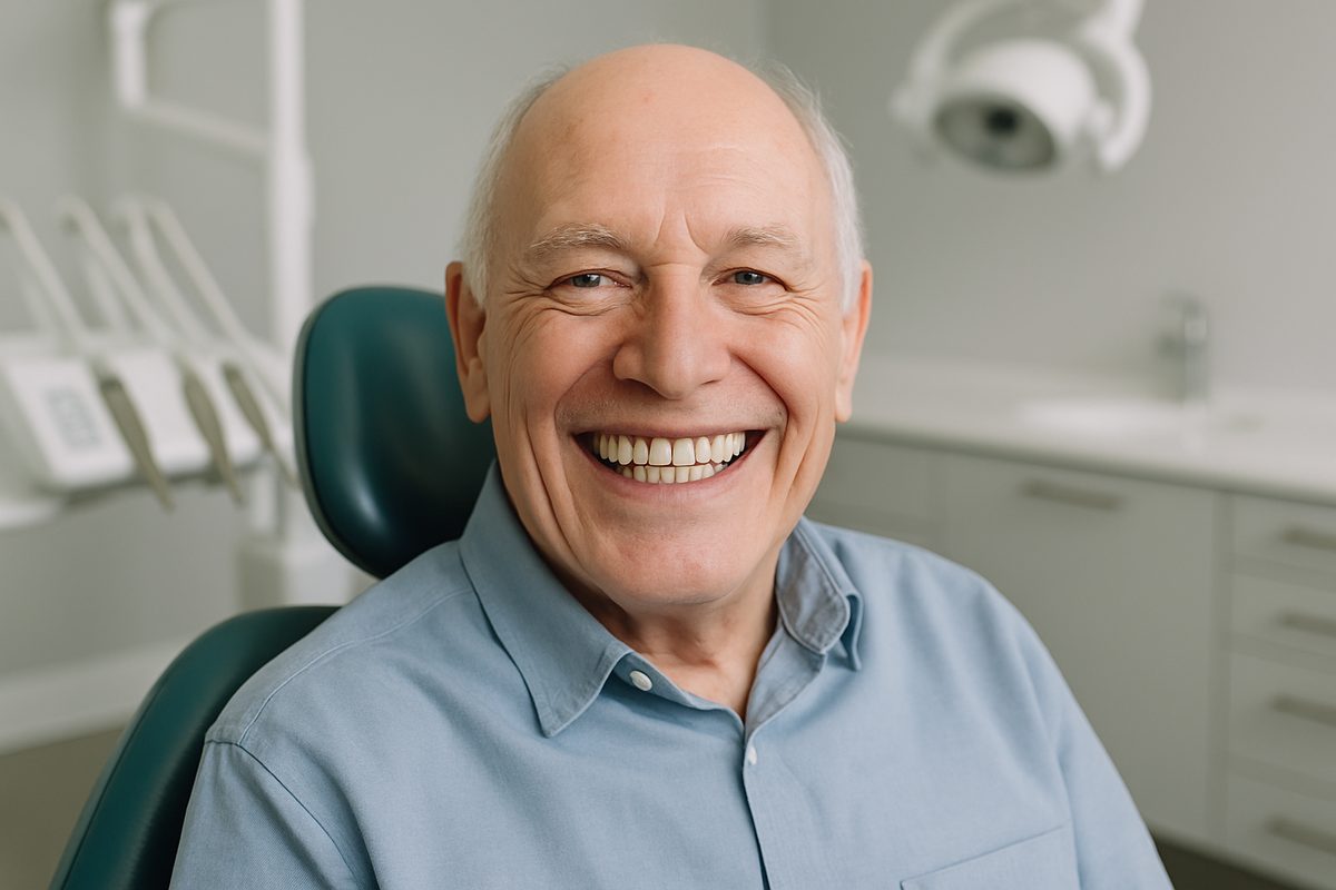 Photo of smiling elderly patient, happy with their full mouth of implant dentures. The patient is sitting in a modern dental office. No text on image.