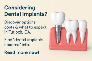A modern dental office setting with a dentist consulting a patient about dental implant options, using a digital scan to showcase implant placement. No text on the image.