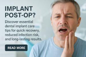 Image of a patient post dental implant surgery carefully eating soft foods like yogurt with a spoon, while another person, likely a caregiver, watches attentively. No text on image.