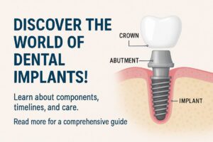 Photo depicting the various dental implant components including the implant fixture, abutment, and prosthetic crown, labeled with their names and connected by dotted lines to showcase how they fit together. The background should have a clean, professional aesthetic, suitable for educational purposes. No text on the image.