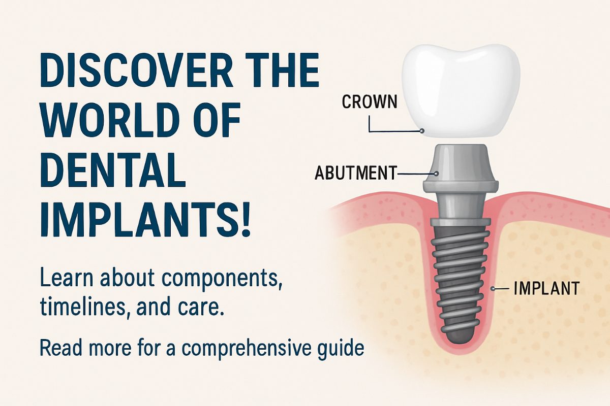 Photo depicting the various dental implant components including the implant fixture, abutment, and prosthetic crown, labeled with their names and connected by dotted lines to showcase how they fit together. The background should have a clean, professional aesthetic, suitable for educational purposes. No text on the image.