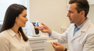 Patient and dentist consultation about laser teeth whitening in a modern dental office