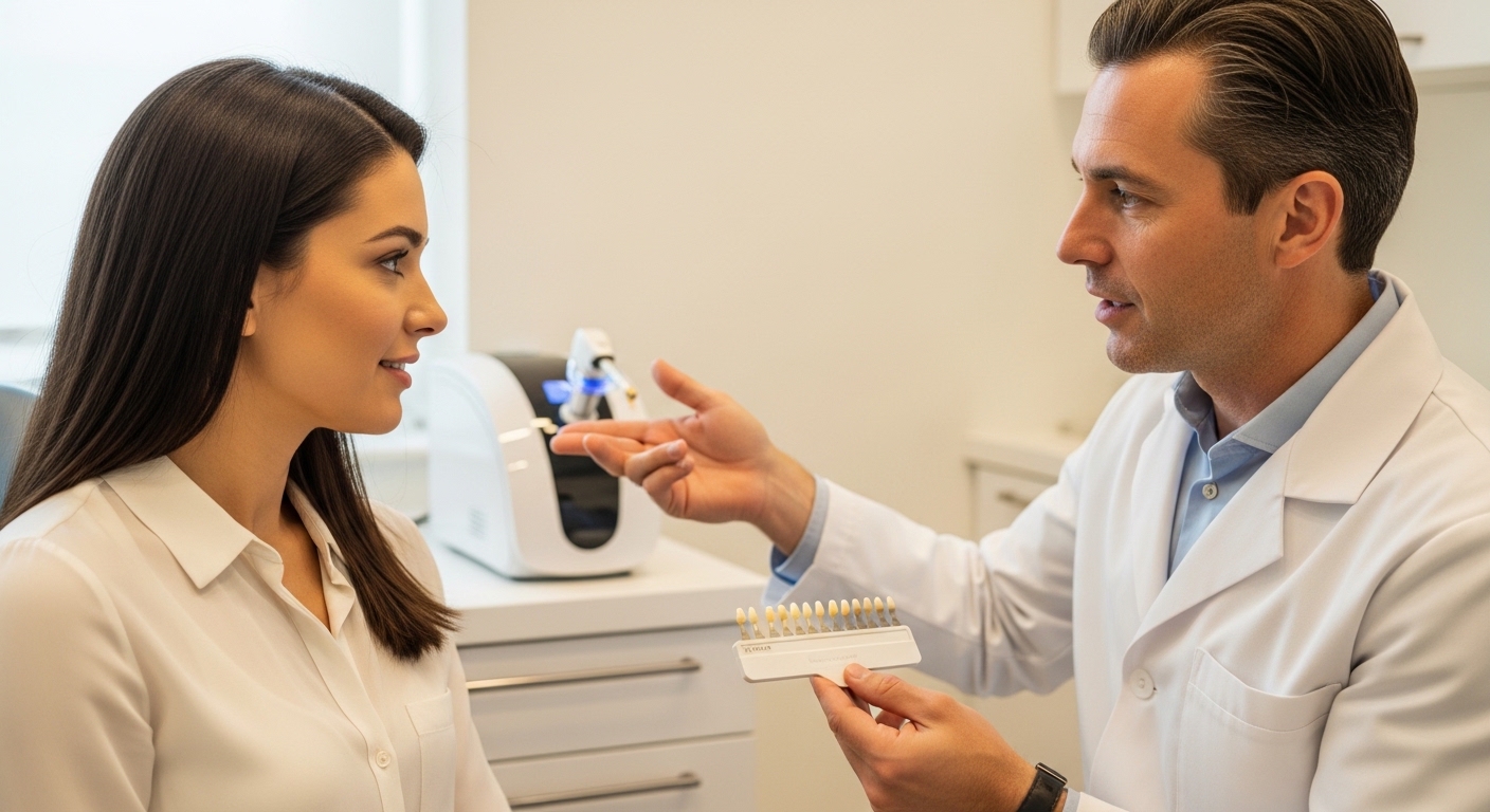 Patient and dentist consultation about laser teeth whitening in a modern dental office